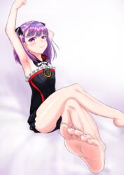  arm_behind_head barefoot blush cameltoe fate/grand_order fate_(series) feet female hair_ribbon helena_blavatsky_(fate/grand_order) highres legs_crossed long_hair looking_at_viewer pov pov_feet purple_eyes purple_hair ribbon smile soles toes 