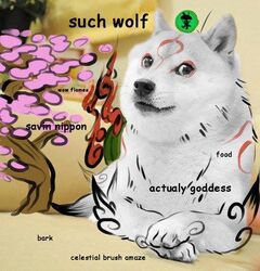  amaterasu_(okami) black_eyes black_nose capcom clover_studio deity doge dogelore english_text fur humor issun_(okami) markings meme okami_(capcom) photoshop text third-party_edit unknown_artist white_body white_fur 