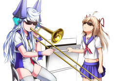  2girls ahoge bad_id bad_pixiv_id blonde_hair crop_top french_flag hair_ribbon headgear instrument le_fantasque_(warship_girls_r) leotard long_hair meme midriff miniskirt multiple_girls oven parody photoshop_(medium) pleated_skirt ray_(pixiv9514208) ribbon school_uniform serafuku skirt sunglasses thighhighs trombone two_side_up vauquelin_(warship_girls_r) warship_girls_r when_mama_isn&#039;t_home_(meme) white_hair white_legwear 