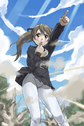  belt black_dress black_ribbon blowing_whistle brown_eyes brown_hair cloud cloudy_sky commentary_request day dress emblem female girls_und_panzer hair_ribbon holding japanese_tankery_league_judge_uniform judge long_hair long_sleeves medallion open_mouth outdoors panties panties_under_pantyhose pantyhose photoshop_(medium) pointing ponytail ribbon short_dress sky solo takashima_remi underwear uniform whistle white_pantyhose wind wind_lift wing_collar you2 