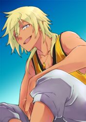  1boy asuto_(rooftop) bishounen blonde_hair blue_sky chains charaleet_(precure) commentary_request gold_chain grey_eyes gyaruo hugtto!_precure long_hair looking_at_viewer male_focus open_mouth precure shirt sitting sky smile solo tank_top yellow_shirt 