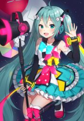  :d ahoge arm_up bad_id bad_pixiv_id bare_shoulders black_sailor_collar black_thighhighs blue_bow blue_skirt blush bow canape_(canape0130) collarbone commentary detached_sleeves female fingernails green_eyes green_hair hair_ornament hairbow hatsune_miku headphones holding japanese_clothes kimono long_hair long_sleeves looking_at_viewer megaphone open_mouth over-kneehighs pink_ribbon pleated_skirt ribbon sailor_collar shirt shoes skirt sleeves_past_wrists smile solo thighhighs twintails very_long_hair vocaloid white_bow white_footwear white_shirt yellow_bow 