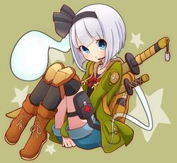  alternate_costume backpack bag between_legs black_bow black_thighhighs blue_eyes blue_shorts blush boots bow bowtie brown_footwear commentary_request cross dog_tags female full_body grey_hair hairbow hand_between_legs headset highres hood hoodie inon knee_pads konpaku_youmu konpaku_youmu_(ghost) long_sleeves looking_at_viewer pouch protected_link red_bow red_cross short_hair shorts sitting solo star_(symbol) sword sword_behind_back thighhighs touhou weapon 