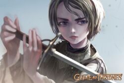  a_song_of_ice_and_fire arya_stark blue_eyes brown_hair female game_of_thrones short_hair sword tomboy 