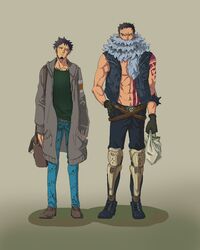  2boys abs absurdres adapted_costume alternate_height arm_at_side arm_tattoo armlet bag bare_arms bare_pectorals bare_shoulders belt belt_buckle black_hair boots breast_pocket buckle buttons casual charlotte_katakuri chest_tattoo closed_mouth coat collarbone commentary contemporary covered_mouth denim denim_vest earrings english_commentary facial_hair full_body gloves goatee hand_in_pocket hand_on_own_hip head_tilt highres holding holding_bag hood hood_down hooded_coat jeans jewelry leg_armor living_(pixiv5031111) long_sideburns long_sleeves looking_at_another looking_to_the_side male_focus messy_hair mixed-language_commentary multiple_boys muscular muscular_male navel one_piece open_clothes open_coat open_vest pants pectorals pocket punk scar scarf scarf_over_mouth shoes shopping_bag short_hair shoulder_bag sideburns skull spiked_armlet spikes standing stitches stomach stomach_tattoo sweater tattoo topless_male trafalgar_law unbuttoned very_short_hair vest 