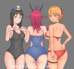  3girls a_re absurdres ass ass_visible_through_thighs back bad_id bad_pixiv_id bare_arms bare_shoulders bikini bikini_pull black_hair black_one-piece_swimsuit blonde_hair blue_bow blue_eyes blue_one-piece_swimsuit bow breasts chaos_(dungeon_and_fighter) character_name cleavage clothes_pull commentary copyright_name covered_navel cowboy_shot demon_horns dungeon_and_fighter eyelashes facing_away female_crusader_(dungeon_and_fighter) female_gunner_(dungeon_and_fighter) female_priest_(dungeon_and_fighter) female_ranger_(dungeon_and_fighter) fins from_behind grey_background hair_ornament hairband hairbow hat head_fins highres horns knight_(dungeon_and_fighter) large_breasts legs_together long_hair looking_at_viewer looking_back multiple_girls one-piece_swimsuit ponytail pulling_own_clothes red_bikini red_bow red_hair school_swimsuit short_hair shoulder_blades sideboob simple_background skindentation smile standing strapless strapless_one-piece_swimsuit swimsuit thigh_gap yellow_eyes 