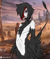  2013 anthro avian beak black_body black_feathers black_fur black_hair building capricorn92 claws english_text feathers female flat_chested fur hair hi_res lilith_(disambiguation) looking_at_viewer nevrean nude open_mouth outside purple_eyes raised_tail scar sharp_teeth smile solo tail teeth text toothed_bird white_body white_feathers white_fur 