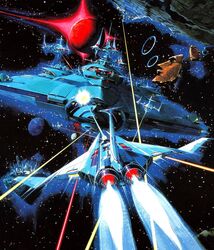  1980s_(style) alien artist_request battle box_art energy fleet gradius highres jewelry moai no_humans official_art planet production_art promotional_art realistic retro_artstyle ring scan science_fiction size_difference space spacecraft starfighter vic_viper 