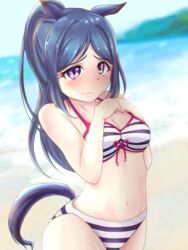  animal_ears beach bikini blue_eyes blurry blurry_background blush breasts cleavage clenched_hands closed_mouth commentary_request day embarrassed female halterneck hands_on_own_chest highres horse_ears horse_girl horse_tail kemonomimi_mode long_hair love_live! love_live!_sunshine!! matsuura_kanan navel ocean omoi_seiji outdoors ponytail purple_eyes sidelocks solo striped swimsuit tail tearing_up wavy_mouth 