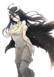  albedo artist_request black_hair female hip_vent horns kyoeiki long_hair overlord_(maruyama) simple_background solo yellow_eyes 