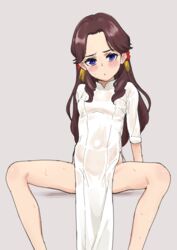  aikatsu! aikatsu!_(series) blue_eyes blush breasts brown_hair dress female fujiwara_miyabi_(aikatsu!) long_hair looking_at_viewer osame sitting small_breasts solo spread_legs sweat vietnamese_dress white_dress 