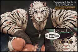  3:2 anthro arknights biceps bodily_fluids claws dislyte dog_tags english_text felid fur hi_res hypergryph jin_qiu_(dislyte) lilith_games male mammal mountain_(arknights) muscular muscular_anthro muscular_male pantherine pawpads pecs scar scars_all_over studio_montagne sweat tan_(artist) text tiger white_body white_fur 