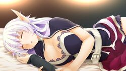  1other atelier-moo bedroom breasts cleavage cowboy_shot dark_elf elf female hair_between_eyes large_breasts long_hair long_pointy_ears lying on_bed open_mouth pointy_ears purple_hair silvia_milsteen skirt sleeping wizards_symphony 