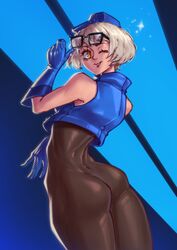  absurdres adjusting_eyewear ass black_bodysuit blue_background blue_gloves blue_headwear bodysuit commentary crop_top cropped_jacket elizabeth_(persona) english_commentary female gloves hatidraw highres one_eye_closed persona persona_3 ringed_eyes sideways_glance skin_tight solo tongue tongue_out white_hair yellow_eyes 