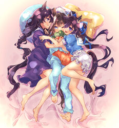  3girls :3 ;d alternate_costume alternate_hairstyle animal_ears barefoot black_hair blue_ribbon braid brown_hair cheval_grand_(umamusume) full_body hair_between_eyes hair_ribbon highres horse_ears horse_girl horse_tail long_hair lying mihasame multicolored_hair multiple_girls official_alternate_costume official_alternate_hairstyle on_back on_side one_eye_closed pajamas ribbon short_hair siblings single_braid sisters smile streaked_hair tail tail_through_clothes twintails umamusume v_sisters verxina_(umamusume) vivlos_(umamusume) white_hair white_headwear 