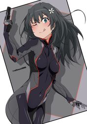  :d black_bodysuit black_hair blue_eyes blush bodysuit border breasts commentary_request cosplay covered_navel cowboy_shot female flower gun hair_flower hair_ornament handgun high_collar highres holding holding_gun holding_weapon long_hair medium_breasts navel one_eye_closed pilot_suit railtracer8888 saten_ruiko shadow shoutaura_sequenzia shoutaura_sequenzia_(cosplay) signature skin_tight smile solo thighs toaru_kagaku_no_railgun toaru_majutsu_no_index toaru_majutsu_no_index:_endymion_no_kiseki tongue tongue_out weapon white_border 