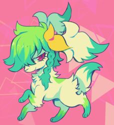  3_fingers 3_toes braided_hair extyrannomon_(artist) feet female feral fingers flower fur generation_4_pokemon green_body green_fur green_hair hair honey_(shaymin) legendary_pokemon nintendo paws pink_eyes plant pokemon pokemon_(species) shaymin simple_background sky_forme_shaymin smile solo toes white_body white_fur 