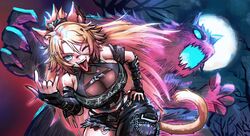  \m/ absurdres animal_ear_fluff animal_ears asymmetrical_legwear bandaid bandaid_on_face bandaid_on_nose belt black_arm_warmers black_belt black_nails blonde_hair blue_eyes breasts cat_ears cat_girl cat_tail chains chest_belt cleavage female fingernails freckles full_moon hair_ornament hand_on_own_hip highres indie_virtual_youtuber long_hair looking_at_viewer minster_(dooke) monster_girl moon navel obkatiekat obkatiekat_(2nd_costume) one_eye_closed pants ponytail sharp_fingernails sideboob solo_focus tail teeth tongue tongue_out torn_clothes torn_pants torn_sleeves tree upper_teeth_only very_long_hair virtual_youtuber 