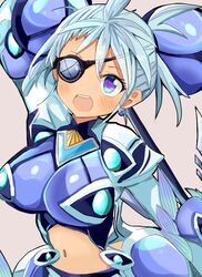  :d arm_up azukimame blue_eyes blue_hair breasts earrings eyepatch female grey_background holding holding_polearm holding_weapon impossible_clothes jewelry large_breasts looking_at_viewer navel open_mouth polearm praxis_(xenoblade) simple_background smile solo stomach teeth upper_body upper_teeth_only weapon xenoblade_chronicles_(series) xenoblade_chronicles_2 