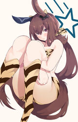  absurdres admire_vega_(umamusume) animal_ears animal_print bare_shoulders blush bonkareohagi brown_hair commentary_request crop_top ear_covers fake_horns female highres holding_own_leg horns horse_ears horse_girl horse_tail kneehighs knees_up long_hair looking_at_viewer ponytail red_eyes simple_background single_ear_cover smile socks solo star_(symbol) tail tiger_print umamusume umamusume:_star_blossom very_long_hair white_background 