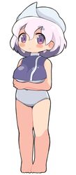  arms_under_breasts barefoot blush breasts closed_mouth commentary_request crop_top crossed_arms female full_body hat highres large_breasts letty_whiterock looking_at_viewer one-piece_swimsuit pink_hair purple_eyes purple_shirt shirt short_hair simple_background sleeveless sleeveless_shirt solo standing swimsuit touhou ugif white_background white_hat white_one-piece_swimsuit 