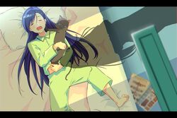  2girls aika_granzchesta akira_ferrari andanden animal aria_(manga) asymmetrical_bangs barefoot bed_sheet black_cat blue_hair closed_eyes feline foot_out_of_frame from_above green_pajamas highres hime_granzchesta holding holding_animal holding_cat indoors long_hair long_sleeves lying multiple_girls on_back on_bed open_mouth pajamas pillow shadow sleeping soles toes very_long_hair 