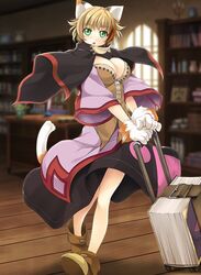  animal_ears animal_hands atelier-moo book breasts brown_hair cat_ears cat_girl cat_paws cat_tail cloak feline_sora female full_body gloves green_eyes large_breasts open_mouth paw_gloves short_hair skirt solo standing tail wizards_symphony 