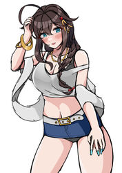  absurdres ahoge alternate_costume belt black_hair black_panties blue_eyes blue_skirt bracelet braid breasts cleavage crop_top female hair_flaps hair_ornament hair_over_shoulder has_bad_revision has_downscaled_revision highres jewelry kantai_collection large_breasts layered_shirt long_hair looking_at_viewer md5_mismatch midriff otobi panties resolution_mismatch shawl shigure_(kancolle) shigure_kai_ni_(kancolle) single_braid skirt solo source_smaller strap_slip underwear white_belt white_shawl 