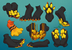  4_toes akysha ambiguous_gender anthro black_body candy claws clothing dessert feet food foot_focus foot_shot footwear fuji_(novodemon) gum honey_(food) kobold mammal pawpads paws paws_in_socks red_claws simple_background socks solo toe_claws toes yellow_pawpads 