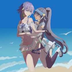  2girls bare_shoulders beach bikini bird black_bow black_gloves black_shorts black_thighhighs blonde_hair blue_background blue_eyes blue_hair blue_headwear blue_sky boots bow closed_eyes eyewear_on_head fingerless_gloves fu_hua fu_hua_(herrscher_of_sentience) fu_hua_(ooh!_summer!)_(herrscher_of_sentience) fu_hua_(seagull&#039;s_soar) fu_hua_(shadow_knight) gloves goggles grey_hair hair_between_eyes hair_ornament happy high_ponytail honkai_(series) honkai_impact_3rd hug hug_from_behind jewelry jumping lalala46802617 leg_tattoo long_hair looking_at_another low-tied_long_hair low_ponytail multicolored_hair multiple_girls navel ocean official_alternate_costume on_head open_mouth ponytail short_shorts shorts single_glove single_thighhigh sky sleeveless star_(symbol) star_hair_ornament stomach streaked_hair sunglasses swimsuit tattoo thighhighs thighs torn_clothes torn_thighhighs unworn_eyewear unworn_goggles visor_cap white_bikini white_bird white_footwear white_hair 