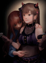  2girls ahoge arisugawa_natsuha arm_garter bare_shoulders bat_hair_ornament bead_necklace beads belly_chain belly_grab black_background black_eyes black_ribbon blue_jacket blush bow breasts brown_eyes brown_gloves brown_hair chocolate cleavage closed_mouth commentary crop_top cropped_shirt crypthiyama demon_horns earrings facial_mark fake_horns food gloves hair_ornament hair_ribbon hairbow hand_on_another&#039;s_shoulder hands_up highres holding holding_chocolate holding_food horns idolmaster idolmaster_shiny_colors jacket jewelry large_breasts long_hair long_sleeves looking_at_another multiple_girls necklace orange_hair purple_ribbon purple_shirt ribbon see-through see-through_cleavage shirt sonoda_chiyoko spider_web_print star_(symbol) star_earrings star_facial_mark star_hair_ornament sweatdrop swept_bangs track_jacket 