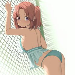  against_fence aqua_bikini arm_up ass back bare_arms bare_shoulders bikini breasts chain-link_fence cowboy_shot female fence forehead frilled_bikini frills from_side grabbing halterneck hand_up highres large_breasts leaning_forward looking_at_viewer looking_to_the_side medium_hair mikakunin_de_shinkoukei parted_bangs parted_lips purple_eyes red_hair sidelighting solo standing sunlight sweat swimsuit tennosuke_(tejons) turning_head twintails yonomori_kobeni 