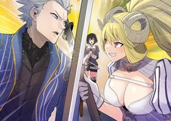  1boy 2girls absurdres black_hair blonde_hair blue_jacket breasts clash_kuro_neko cleavage clenched_teeth commentary commission crossover demon_girl demon_horns devil_may_cry_(series) english_commentary green_eyes grey_eyes grey_hair high_ponytail highres holding holding_polearm holding_weapon horns jacket large_breasts long_hair lucifer_(the_seven_deadly_sins) mixed-sex_combat multiple_girls polearm red_eyes short_hair spear sword teeth the_seven_deadly_sins totsuka_maria vergil_(devil_may_cry) weapon 