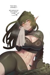  abs absurdres alternate_costume arknights bike_shorts blanket blush breasts cleavage crocodilian_tail crop_top dreadlocks english_commentary english_text eyeliner eyeshadow female gavial_(arknights) gavial_the_invincible_(arknights) green_eyeliner green_eyeshadow green_shorts green_tank_top grey_hair highres large_breasts long_hair long_sleeves looking_at_viewer makeup material_growth midriff najashi navel oripathy_lesion_(arknights) parted_lips pointy_ears ring_light_reflection shorts sitting skin_tight smile solo speech_bubble sports_bra sportswear stomach sweat sweatdrop tail tank_top teeth thick_thighs thighs white_background wide_hips wiping_face wiping_sweat yellow_eyes 