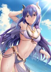  arm_up armpits bare_shoulders beach bikini black_choker blue_hair blue_sky bracelet breasts choker closed_mouth cloud cowboy_shot demon_girl demon_horns female flower hair_between_eyes hair_flower hair_ornament highleg highleg_bikini highres horns jewelry layered_bikini long_hair looking_at_viewer mia_(kuja999) navel o-ring o-ring_bottom ocean pendant princess_connect! purple_eyes rei_(princess_connect!) rei_(summer)_(princess_connect!) sky solo sunflower sunflower_hair_ornament swimsuit 