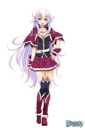  atelier-moo breasts cleavage elf female full_body hair_between_eyes hand_on_own_hip highres large_breasts long_hair pointy_ears purple_hair silvia_milsteen skirt smile solo standing very_long_hair wizards_symphony yellow_eyes zettai_ryouiki 