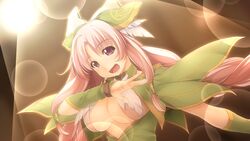  atelier-moo braid breasts cleavage curtained_hair dancing dress female hair_ornament hair_ribbon highres idol large_breasts long_hair nina_lazydaisy open_mouth pink_eyes pink_hair ribbon smile solo spotlight twin_braids upper_body wizards_symphony 