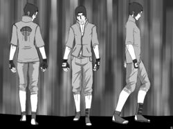  accessory blurred_background clothing fingerless_gloves footwear front_view full-length_portrait fully_clothed_male gloves handwear headband hi_res human human_only konoha male mammal monochrome multiple_poses naruto ninja not_furry portrait pose rear_view sandals sasuke_uchiha sergld solo warrior 