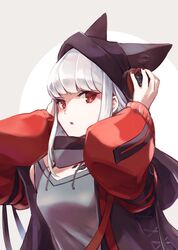  animal_ears arknights arms_up beanie breasts circle coat detached_collar detached_sleeves e-bushi extra_ears female fox_ears fox_girl frostleaf_(arknights) grey_background grey_shirt hands_on_headphones hat headphones headphones_over_headwear highres hood hooded_coat long_hair long_sleeves looking_at_viewer material_growth oripathy_lesion_(arknights) oversized_clothes parted_lips red_coat red_eyes red_nails shirt sidelocks simple_background solo upper_body white_background white_hair 