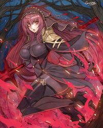  armor aura bodysuit breasts carcass_(artist) chains commentary fate/grand_order fate_(series) female forest gae_bolg_(fate) gem gold gold_armor gold_chain high_heels highres holding jewelry korean_commentary large_breasts long_hair nature night night_sky open_mouth pantyhose polearm purple_eyes red_eyes scathach_(fate) shoulder_armor sky solo spear star_(sky) starry_sky veil weapon 