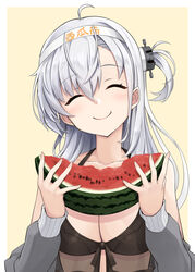  ahoge bikini black_bikini blush border breasts cleavage closed_eyes closed_mouth collarbone facing_viewer female food fruit grey_hair hair_between_eyes headband highres holding holding_food holding_fruit holding_watermelon kantai_collection kodama_(mmt_uf) large_breasts long_hair official_alternate_costume outside_border smile solo suzutsuki_(kancolle) suzutsuki_(swimsuit_mode)_(kancolle) swimsuit upper_body watermelon watermelon_slice white_border white_headband 