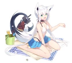  :d ahoge animal_ears azur_lane bare_arms bare_shoulders barefoot beach_mat beach_umbrella between_legs bikini bird blue_skirt breasts bucket chick choker cleavage extra_ears feet female fox_ears fox_girl fox_tail front-tie_bikini_top front-tie_top green_eyes halterneck hololive long_hair looking_at_viewer manjuu_(azur_lane) medium_breasts miniskirt nagishiro_mito official_alternate_costume official_art open_mouth oruyanke_(shirakami_fubuki) sand shirakami_fubuki shirakami_fubuki_(beachside_fox) sidelocks sitting skirt smile solo swimsuit tail transparent_background turret umbrella very_long_hair virtual_youtuber wariza white_bikini white_hair 