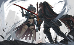  2girls absurdres alpha_(punishing:_gray_raven) black_bra black_hair black_jacket black_shorts bra breasts chinese_commentary commentary dual_wielding fighting grey_hair grey_jacket highres holding holding_sword holding_weapon jacket katana long_hair lucia:_crimson_weave_(punishing:_gray_raven) lucia:_plume_(punishing:_gray_raven) lucia_(punishing:_gray_raven) mechanical_arms mechanical_legs medium_breasts multicolored_hair multiple_girls navel open_clothes open_jacket ponytail punishing:_gray_raven red_hair s7218 sheath short_shorts shorts streaked_hair sword thigh_strap twintails underwear very_long_hair weapon 