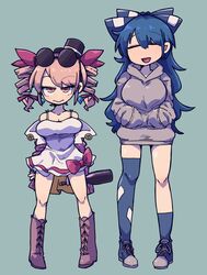  2girls adapted_costume asymmetrical_legwear awa_(bihidasu) bare_shoulders black_headwear blue_background blue_bow blue_hair blue_skirt boots bottle bow bracelet breasts brown_footwear commentary_request dress drill_hair earrings eyewear_on_head full_body grey_hoodie hairbow hat highres hood hoodie jewelry large_breasts long_hair mini_hat miniskirt multiple_girls off_shoulder pigeon-toed short_dress siblings sisters skirt smile standing stuffed_toy sunglasses top_hat touhou twin_drills uneven_legwear very_long_hair white_dress yorigami_jo&#039;on yorigami_shion 