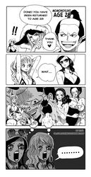  1boy 3girls arm_tattoo artist_name black_hair character_name english_text eyewear_on_head hat highres jewelry_bonney k164 long_hair momonosuke_(one_piece) monochrome multiple_girls nami_(one_piece) nico_robin one_piece smile speech_bubble tattoo web_address 