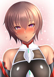  :o absurdres alternate_hair_length alternate_hairstyle bare_shoulders blush brown_hair dark-skinned_female dark_skin female highres impossible_clothes impossible_leotard kanna_(minamozuki) leotard looking_at_viewer mizuki_yukikaze ninja open_mouth pink_eyes short_hair sleeveless solo taimanin_(series) taimanin_rpgx taimanin_suit upper_body 