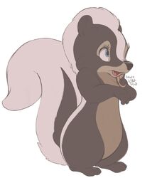  2022 anthro bambi_(film) black_body black_fur blue_eyes conditional_dnp dated digital_media_(artwork) disney eyelashes flower_(bambi) fur hi_res mammal mephitid open_mouth signature simple_background skunk solo standing tohupo tongue white_background white_body white_fur 