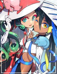  2girls absurdres black_hair cheek-to-cheek colored_skin crop_top dark-skinned_female dark_skin elephant eyeliner fate/grand_order fate_(series) green_eyes green_hair heads_together highres long_hair long_sleeves makeup multicolored_hair multiple_girls ponytail shirt siblings sidelocks sisters streaked_hair tia_(cocorosso) trung_nhi_(fate) trung_trac_(fate) tsurime vietnamese_dress white_shirt yellow_eyes 