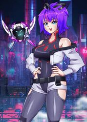  :d belt black_belt black_leotard blue_eyes blue_hair breasts cityscape commentary cosplay covered_navel cropped_jacket cyberpunk_(series) cyberpunk_edgerunners english_commentary female hands_on_own_hips jacket lavions_fu leotard long_hair looking_at_viewer lucy_(cyberpunk) lucy_(cyberpunk)_(cosplay) medium_breasts melody_(projektmelody) multicolored_hair nail_polish navel open_mouth ponytail purple_hair purple_nails purple_thighhighs second-party_source shorts smile streaked_hair t0m_(projektmelody) thighhighs virtual_youtuber vshojo white_jacket white_shorts 