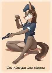  4_toes absurd_res anthro avoid_posting breasts brown_body brown_fur brown_hair canid canine canis claws clothed clothing countershading digital_media_(artwork) eyewear feet female fingers fur glasses gun hair handgun hi_res holding_gun holding_handgun holding_object holding_pistol holding_ranged_weapon holding_revolver holding_weapon leotard looking_at_viewer mammal pistol ranged_weapon revolver shoulder_holster simple_background sitting smoothsharb solo tan_body text toe_claws toes weapon yvonne_(smoothsharb) 